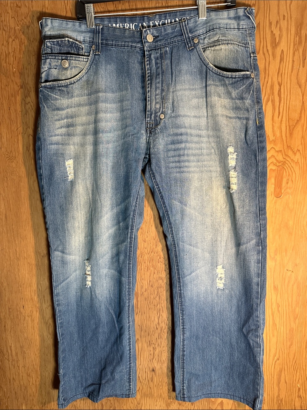 American Exchange Men's Light Blue Relaxed Fit Distressed Jeans
